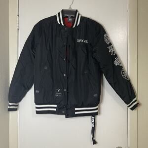 XPX Punkhippie black snap bomber varsity patchwork jacket size medium